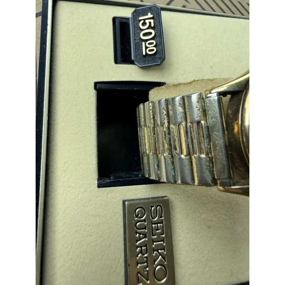 Vintage Seiko 6533-8019 Quartz Day Date Gold Tone Men’s Watch Box Runs Speidel